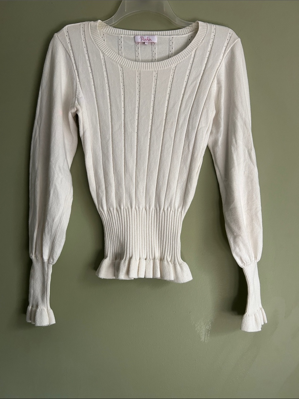 Parker Ivory Ribbed Peplum Long-Sleeve Knit Top Size S